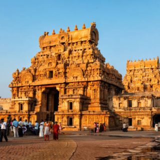 Tanjore, India - March 26, 2011: Famous Brihadishwarar Temple in Tanjore (Thanjavur), Tamil Nadu, India. UNESCO World Heritage Site and religious pilgrimage site Greatest of Great Living Chola Temples